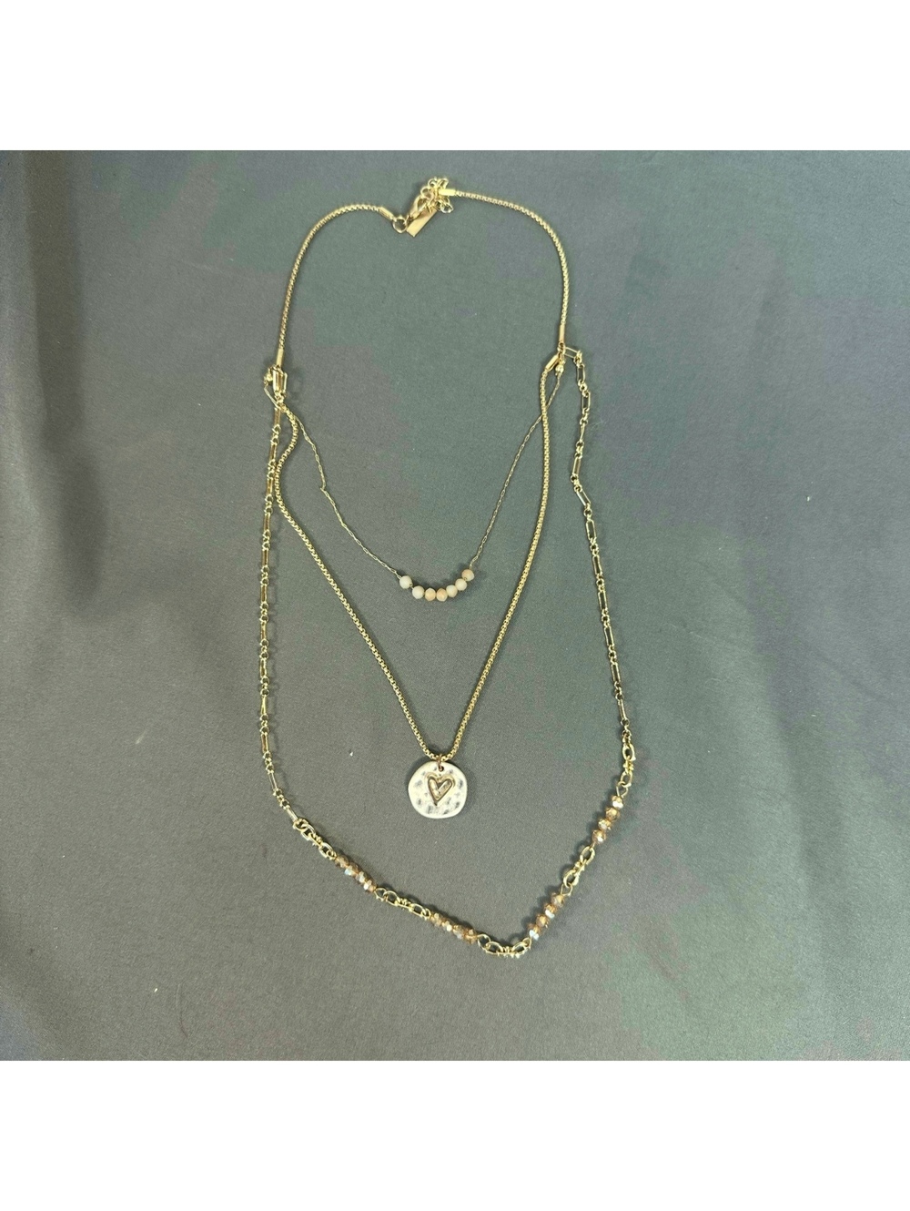 Demdaco Gold Beaded Heart Three Layer Necklace